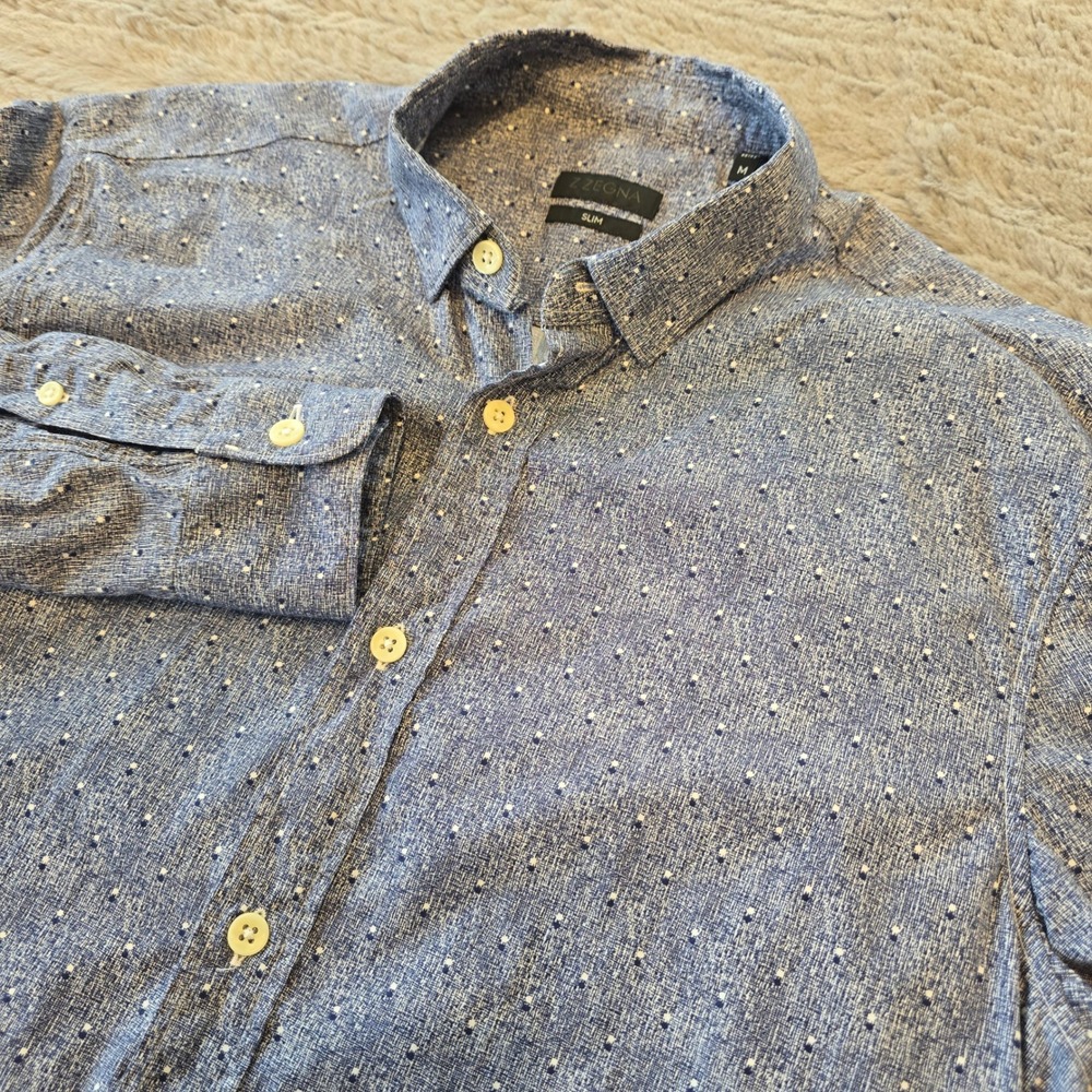 Z Zegna Slim Fit Blue Geometric Micro Dot‎ Cotton Button Down Shirt Mens M